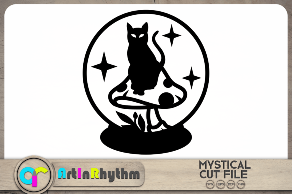 Celestial Crystal Ball Cat on Mushroom