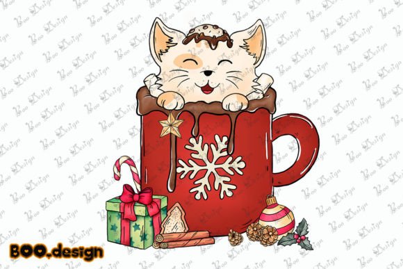 Cute Cat Christmas Chocolate Coffee Png