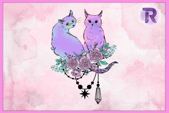 Cute Cat Couple Pastel Goth Floral